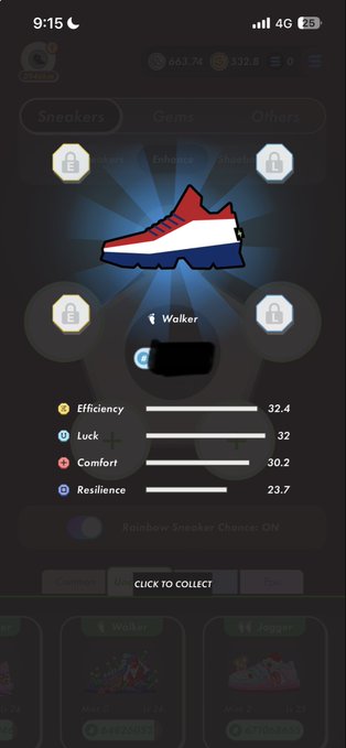 The image shows a phone screen displaying an app called "Walking Game" with a red, white, and blue shoe as its main focus. The app has four different levels of difficulty, each represented by a unique color - red for easy, orange for medium, yellow for hard, and green for very hard. The user can choose their preferred level to play the game on their phone.