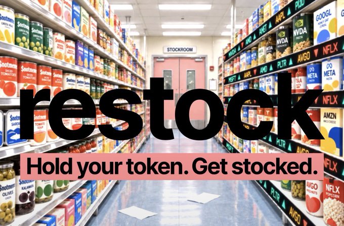 A grocery store aisle filled with various products, overlaid with the text "restock" and "Hold your token. Get stocked."