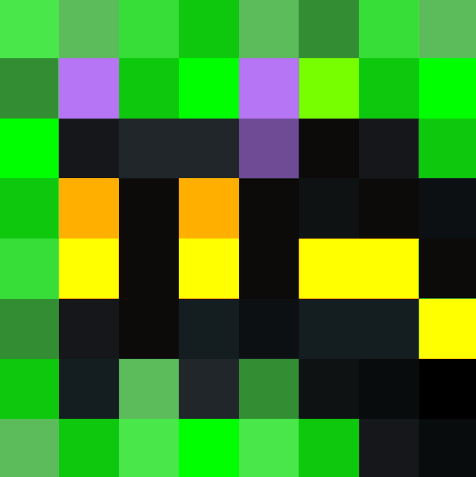 An abstract pixelated image with a grid of colored squares in green, purple, black, orange, and yellow tones.
