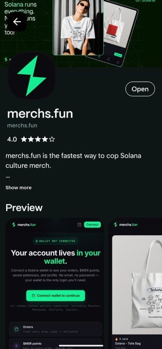 A mobile app store listing for 'merchs.fun' shows a 4.0 rating and describes it as 'the fastest way to cop Solana culture merch,' with preview screens of wallet connection and merchandise.