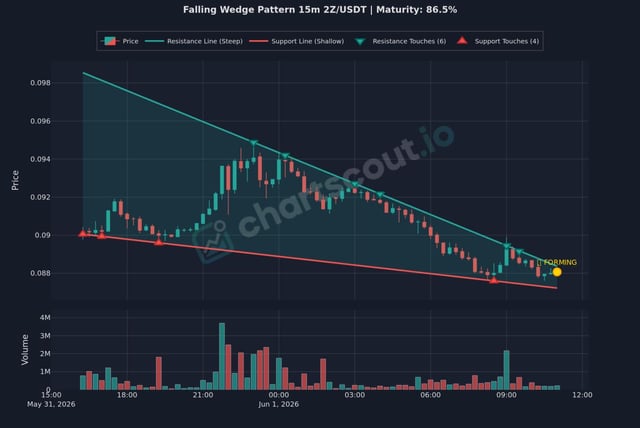 A line chart displays a falling wedge pattern, suggesting a suitable setup for trading options with Z/USDT currency pair. The chart also mentions price trends of $1Z/USDT. It's essential to understand that falling wedges indicate potential risks or losses associated with particular investments and should be considered while making investment decisions.