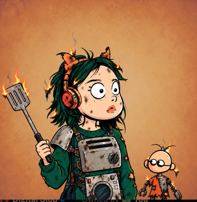 A cartoon-style illustration depicts a soot-covered child in improvised armor holding a burning spatula, accompanied by a small damaged robot-like figure.