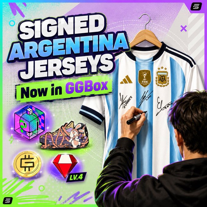 Promotional graphic for GGBox advertising 'Signed Argentina Jerseys,' featuring a person signing an autographed Argentina FIFA World Cup jersey, alongside in-game reward items including a mystery box, a bunny treasure chest, and an LV.4 gem.
