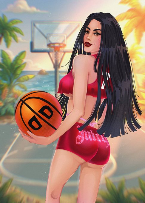 An illustrated pin-up style image depicts a long-haired woman in a red outfit holding a basketball, standing on an outdoor court with palm trees and ocean in the background.