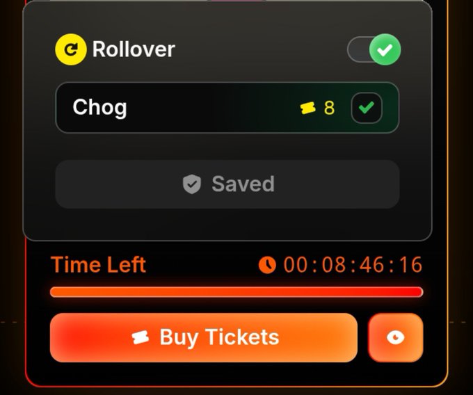 A dark-themed UI panel showing a "Rollover" toggle turned on, a user named "Chog" with 8 tickets, a "Saved" confirmation, and a "Buy Tickets" button with "Time Left" at 00:08:46:16.