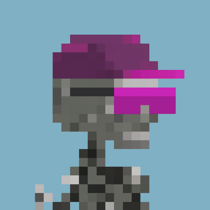 A pixel art character with a purple helmet and gray metallic body stands against a light blue background.