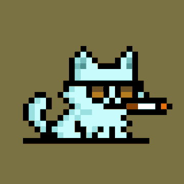 A pixel art sprite of a light blue cat-like character holding a gun, set against an olive green background.