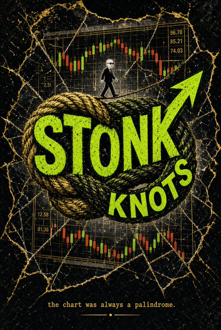 A graphic features a walking figure with a large head walking a rope, with bold text reading 'STONK KNOTS' and the tagline 'the chart was always a palindrome.'