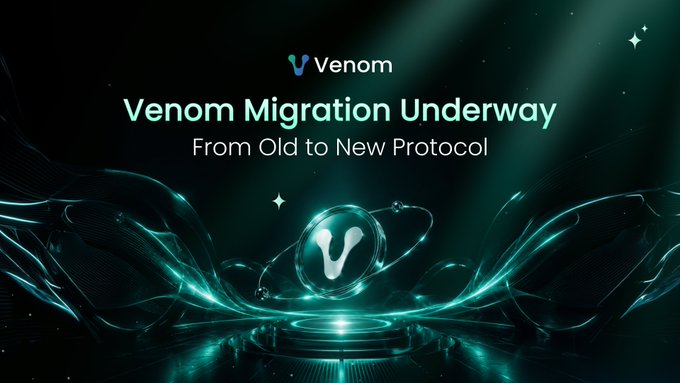A Venom migration announcement banner reads 'Venom Migration Underway - From Old to New Protocol' with a glowing V logo.