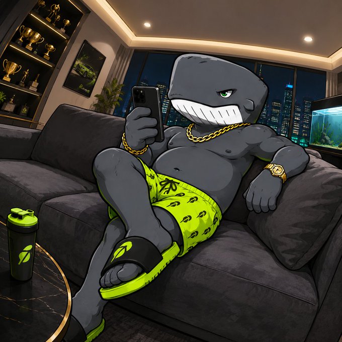 An illustrated cartoon of a muscular, anthropomorphic shark character lounging on a gray couch while looking at a phone, wearing neon green shorts, gold chains, and slides.