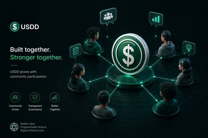 A promotional graphic for USDD cryptocurrency featuring the tagline 'Built together. Stronger together.' with icons highlighting 'Community Driven,' 'Transparent Governance,' and 'Better Together' values centered around a glowing digital coin surrounded by figures.