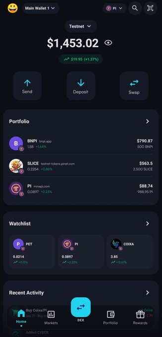 A mobile screenshot of the Coixa wallet app showing a "Main Wallet 1" on the Testnet with a total balance of $1,453.02 (+1.37%), featuring a portfolio of BNPI ($790.87), SLICE ($563.50), and PI ($88.74), along with a watchlist highlighting COIXA at $3.85 (+18.67%)—visually demonstrating the self-custody DeFi access for the Pi Network that the post promotes.