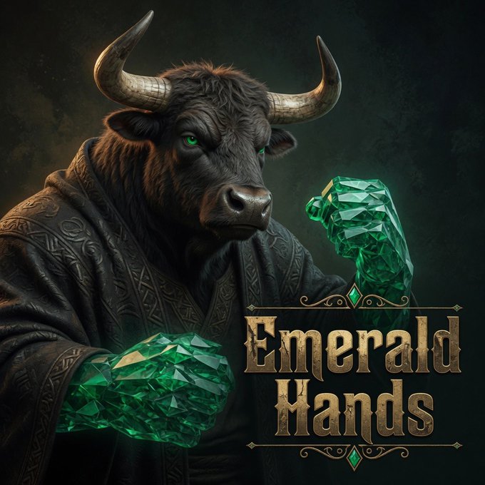 Fantasy artwork of a horned minotaur-like creature in robes holding large green emeralds, with the title 'Emerald Hands'.