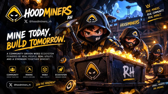 A promotional banner for 'HoodMiners' featuring cartoon miners with pickaxes and a gold-filled cart, with text including 'MINE TODAY, BUILD TOMORROW,' 'A COMMUNITY-DRIVEN WEB3 ECOSYSTEM,' and social handle '@hoodminers_rh'.