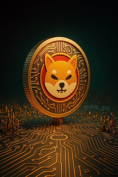 A stylized 3D rendering of a SHIB coin featuring a Shiba Inu face at its center, standing on a glowing orange circuit board, with the handle '@shib_guy' in the corner.