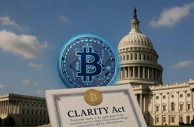The image shows the U.S. Capitol Building beneath a large glowing Bitcoin symbol, with a document titled "CLARITY Act" in the foreground—visually representing the ongoing congressional deliberations on cryptocurrency regulation during the U.S. House's designated "Crypto Week" aimed at providing clarity in securities laws for digital assets.