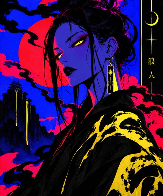 Stylized illustration of a woman with glowing yellow eyes in a black and gold robe, set against a vivid pink and blue background with a red sun and Japanese characters.