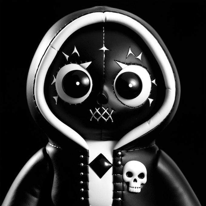 A black-and-white stitched plush figure with oversized glossy eyes, a cross-stitched mouth, and a skull patch on its leather-like jacket stares forward in haunting stillness. The image reflects the caption's eerie tone of a silent workshop preparing to unleash an army of 3,333 identical eerie creations.