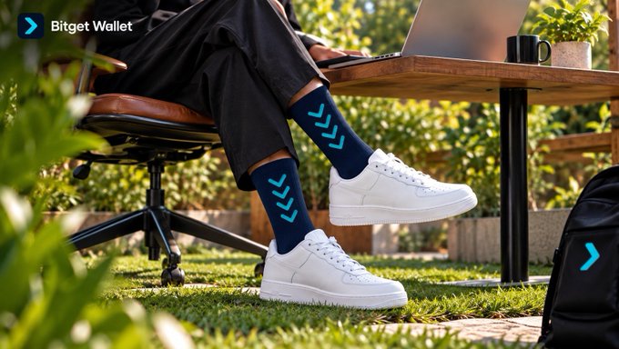 A man works on his laptop in a garden setting while wearing dark blue socks featuring Bitget Wallet's signature teal chevron logo, paired with crisp white sneakers, with the Bitget Wallet logo also visible in the top-left corner and on a nearby backpack—embodying the "work anywhere, stay onchain" message by blending remote productivity with crypto-ready branding.