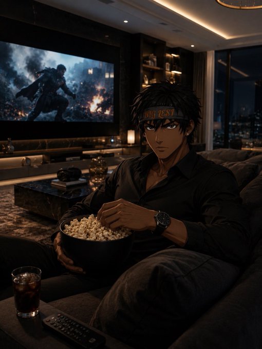 An anime-style illustration of a dark-haired man wearing a headband with red text, sitting in a luxurious dark living room eating popcorn while watching an action movie on a large screen.
