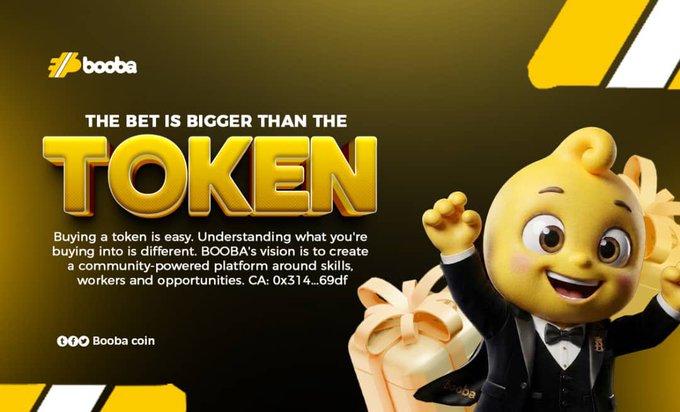 Promotional graphic for BOOBA featuring a yellow emoji-like mascot in a tuxedo, with text reading 'THE BET IS BIGGER THAN THE TOKEN' and a contract address 'CA: 0x314...69df'.