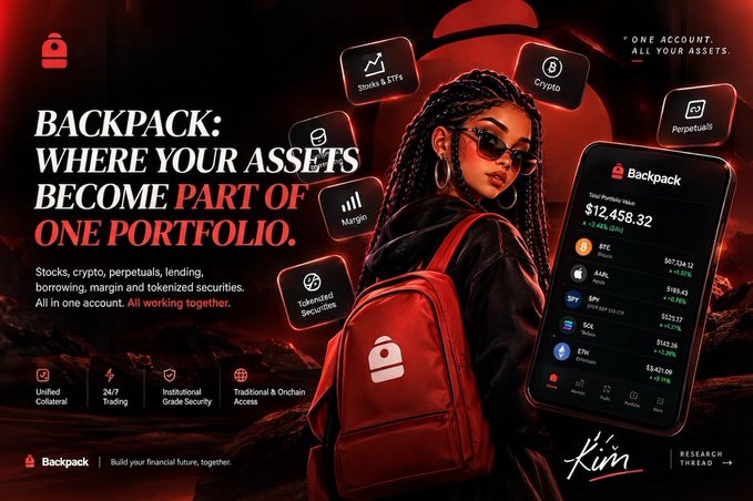 A Backpack Exchange advertisement displays 'WHERE YOUR ASSETS BECOME PART OF ONE PORTFOLIO' featuring a stylized woman with a red backpack alongside a phone showing a $12,458.32 portfolio value.