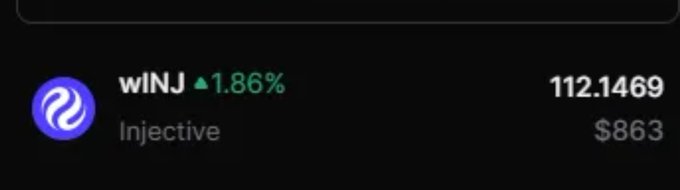 A cryptocurrency tracking widget displays 'Injective' (INJ) trading at 112.1469 with a 1.86% increase and $863 volume.