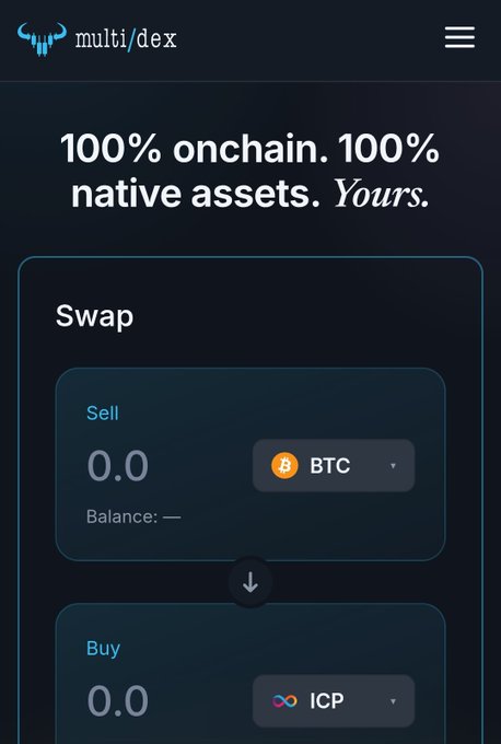 A mobile screenshot of the 'multi/dex' platform with the tagline '100% onchain. 100% native assets. Yours.' showing a Swap interface for selling BTC and buying ICP.