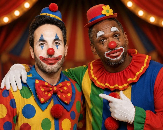 The image features a man wearing a colorful clown costume with red nose, blue bow tie, and polka dot shirt, standing next to another man dressed similarly in a clown outfit. They are both smiling for the camera, creating an amusing scene that seems to be related to the post about selling their "HYPE". The background of the image is a circus tent, which further emphasizes the theme of clowns and entertainment.