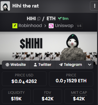 A dark-mode DEX trading interface displays the $HIHI/ETH pair on Uniswap V4 via Robinhood, showing a price of $0.0004262 USD, liquidity of $19K, FDV of $42K, and market cap of $42K, with the token's banner featuring "Hihi the rat" branding and a comedic rat-in-cotton graphic—visually reinforcing the post's note about the token being a "new runner on Robinhood" while still trading under a $100K market cap.