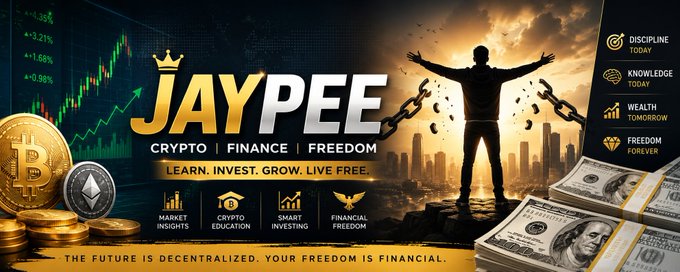 A bold promotional banner for "JAYPEE - Crypto | Finance | Freedom" with the tagline "Learn. Invest. Grow. Live Free." and "The future is decentralized. Your freedom is financial," featuring a silhouette breaking free from chains, stacks of cash, Bitcoin and Ethereum coins, and stock chart graphics advertising the "crypto_with_j" YouTube channel launch.