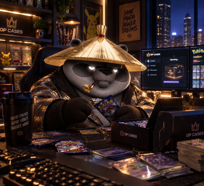 A panda wearing a straw hat smokes a pipe while opening Pokémon card packs at a desk branded with "OP CASES," with a monitor displaying "OP CASES" and "Opening…" alongside "Good packs, good vibes, bigger wins" written on a cup, matching the post's theme of spending the week enjoying his passion for ripping OP packs and shipping cases.