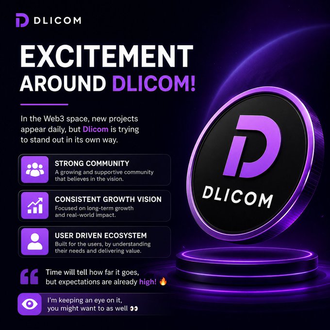 The image features a purple coin with the word "Dlicom" written on it. The background of the image is black, which contrasts with the vibrant color of the coin. Below the coin, there are four bullet points that provide information about the Dlicom app and its features. These bullet points discuss the app's focus on community growth, consistent growth vision, user-driven ecosystem, and how it aims to stand out in the market. The text "Excitement around @DlicomApp" suggests a sense of excitement or interest surrounding the app, while the phrase "In the Web3 space, new projects appear daily, but Dlicom is trying to stand out in its own way!" implies that the app has caught people's attention and is making efforts to differentiate itself from other similar apps.
