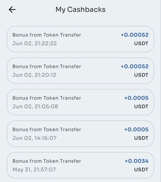 A mobile app screen titled "My Cashbacks" displays five consecutive USDT token transfer bonuses, with amounts ranging from +0.00034 to +0.0005 USDT, dated between May 31 and Jun 02. This supports the post's claim about Paystrater's cashback rewards system, showing tangible small but consistent returns received on transactions.