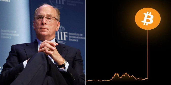 A split image showing a man in a suit at an IIF (Institute of International Finance) event alongside an orange Bitcoin logo with a price chart trending upward.