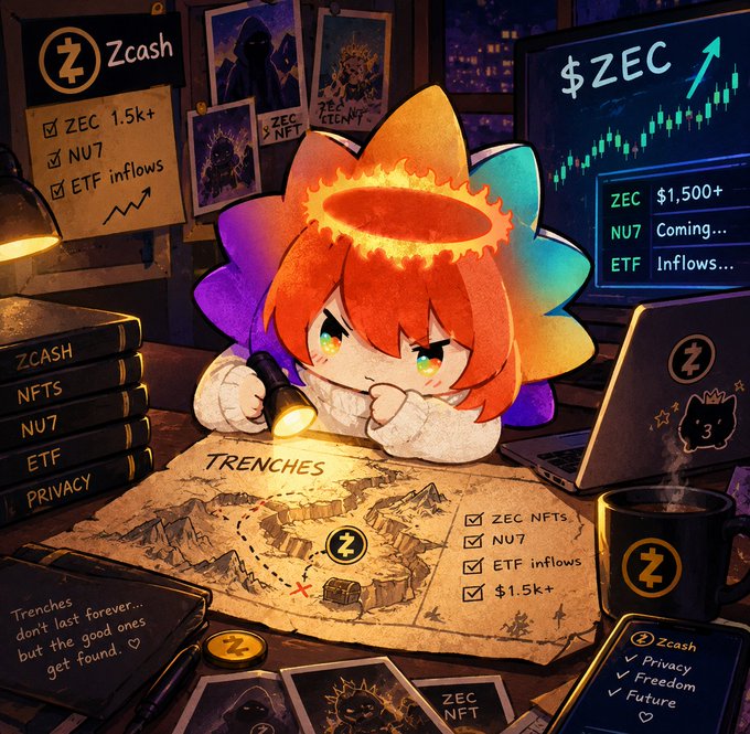 An anime-style illustration features a chibi character with orange hair examining a treasure map labeled 'TRENCHES' with 'Zcash' branding, alongside checkmarks for 'ZEC 1.5k+', 'NU7', and 'ETF inflows' displayed on a monitor showing a '$ZEC' price chart.