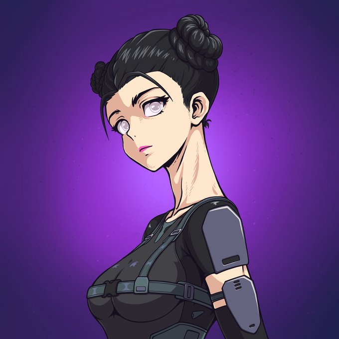 The image shows a stylized digital illustration of a woman with dark hair in double buns, light eyes, and a futuristic black tactical outfit, set against a purple gradient background. The accompanying post promotes a "Twelves" NFT mint launch, and the character's sci-fi/cyberpunk aesthetic appears to reflect the project as a possible character from the Twelves NFT collection.