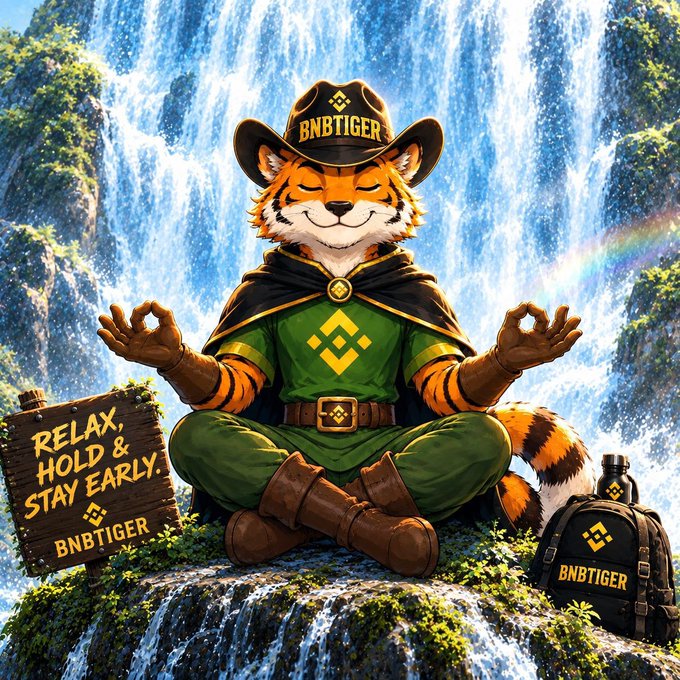 An anthropomorphic tiger meditates in a cowboy hat and green outfit before a waterfall, surrounded by Binance branding and the slogan “RELAX, HOLD & STAY EARLY.” The hat and sign display “BNBTIGER.”