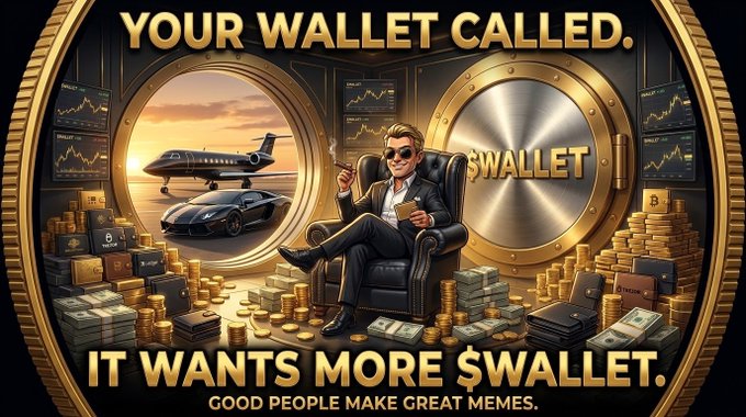 A meme image showing a wealthy man with a cigar sitting on a throne-like chair in a gold vault surrounded by money and luxury items, with text reading 'YOUR WALLET CALLED.' and 'IT WANTS MORE $WALLET. GOOD PEOPLE MAKE GREAT MEMES.'