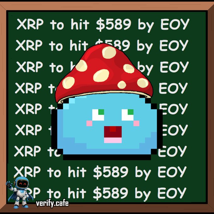 Pixel art image of a blue slime character with a red mushroom hat against a green chalkboard repeatedly displaying the text 'XRP to hit $589 by EOY', credited to verify.cafe.