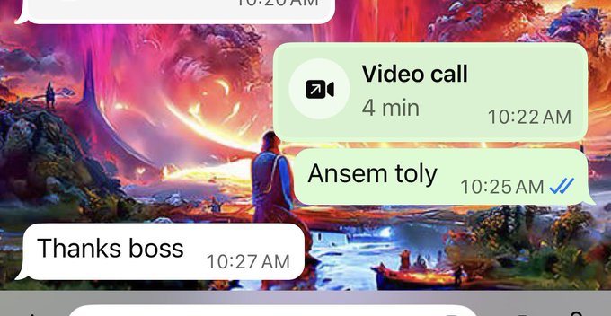 A screenshot of a WhatsApp conversation showing a video call lasting 4 minutes at 10:22 AM, followed by messages from "Ansem toly" at 10:25 AM and "Thanks boss" at 10:27 AM, all set against a vibrant fantasy-themed wallpaper.

The image relates to the post by documenting the phone call referenced, showing the timestamped exchange with @creptosolutions that allegedly led to the Ansem bullpost on $Ansem.