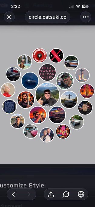 A mobile browser screenshot showing the website circle.catsuki.cc with a grid of circular profile pictures, one containing the text "TESLA OWNERS SILICON VALLEY", with a "Customize Style" option at the bottom.