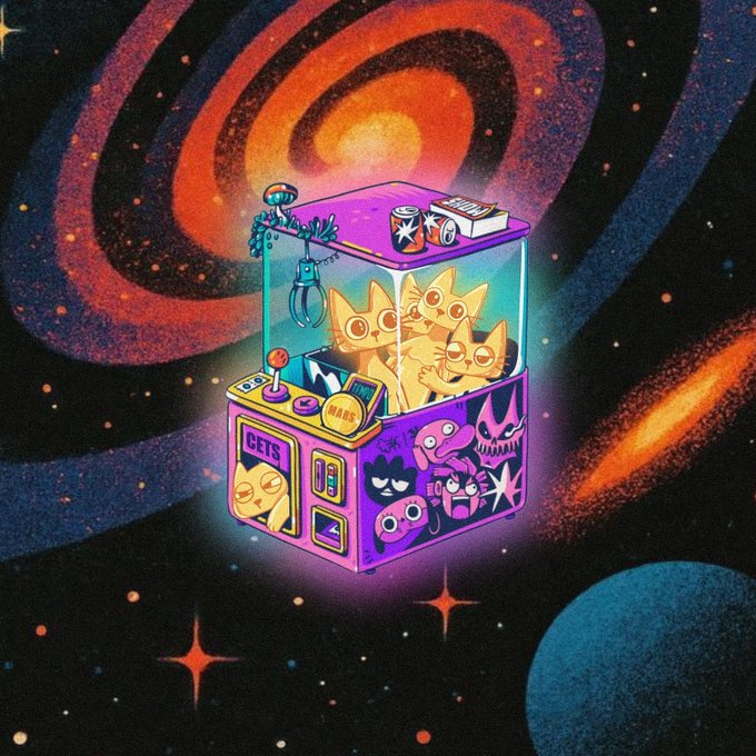 An illustrated claw machine filled with cartoon cats floating in a cosmic space background with a swirling orange galaxy and blue planet.