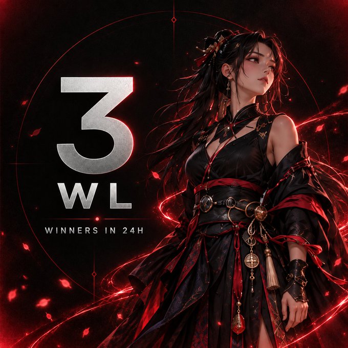 A stylized digital illustration of an Asian woman in ornate black and red traditional attire against a dark red background, with text reading '3 WL WINNERS IN 24H'.