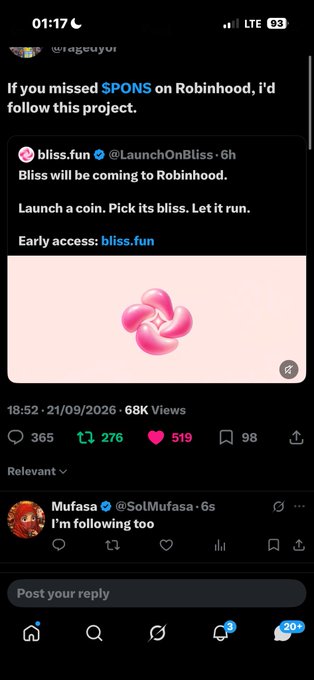 A screenshot of an X/Twitter post by @ageuyor discussing a crypto project called 'bliss.fun' launching on Robinhood, featuring a pink pinwheel logo with 68K views.