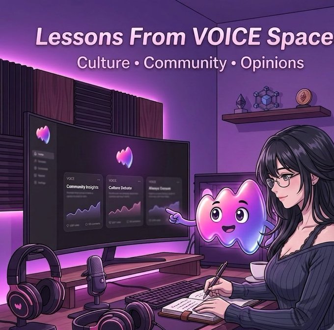 An illustrated thumbnail titled 'Lessons From VOICE Space' with subtitles 'Culture, Community, Opinions', showing an anime-style woman at a computer with a mascot character, headphones, and a microphone in a purple-lit room.