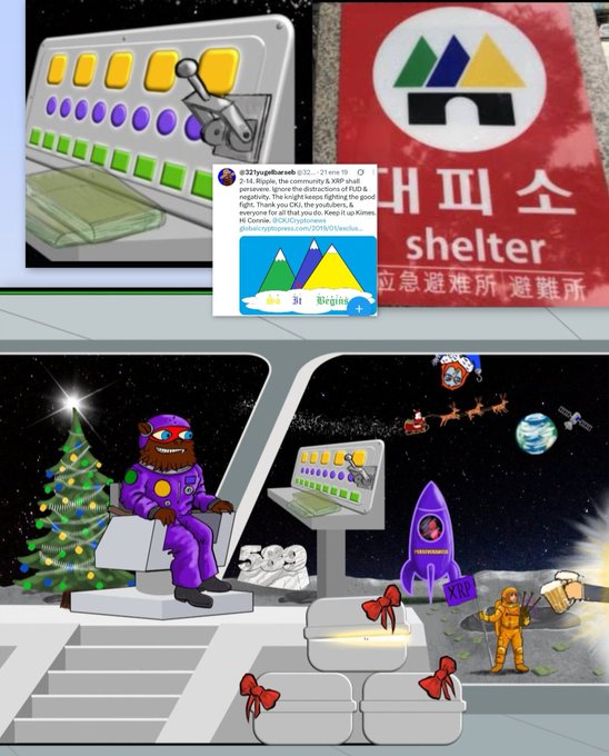 The image shows a festive SpaceX-style holiday scene with a bear astronaut piloting a rocket past Earth and Santa's sleigh, alongside a control panel, Christmas tree, and presents, with a tweet overlay from "@2521xyzofterraeb" referencing crypto wallets, FUD, and "Shibarium." In the background, a Korean shelter sign reads "대피소" (shelter), tying into the post's reference to Korea "taking us to the moon" with rocket imagery symbolizing the crypto price surge.