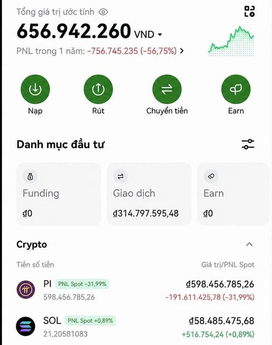 A Vietnamese cryptocurrency portfolio app screenshot showing a total estimated value of 656,942,194 VND with a significant loss (-756,745,235 / -56.75%), featuring a chart and holdings including PI (down 31.99%) and SOL (up 0.89%).
