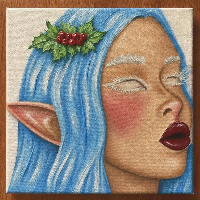 A painted canvas portrait of an elf-like female character with closed eyes, blue hair adorned with a holly sprig of red berries, pointed ears, rosy cheeks, and dark red lips.