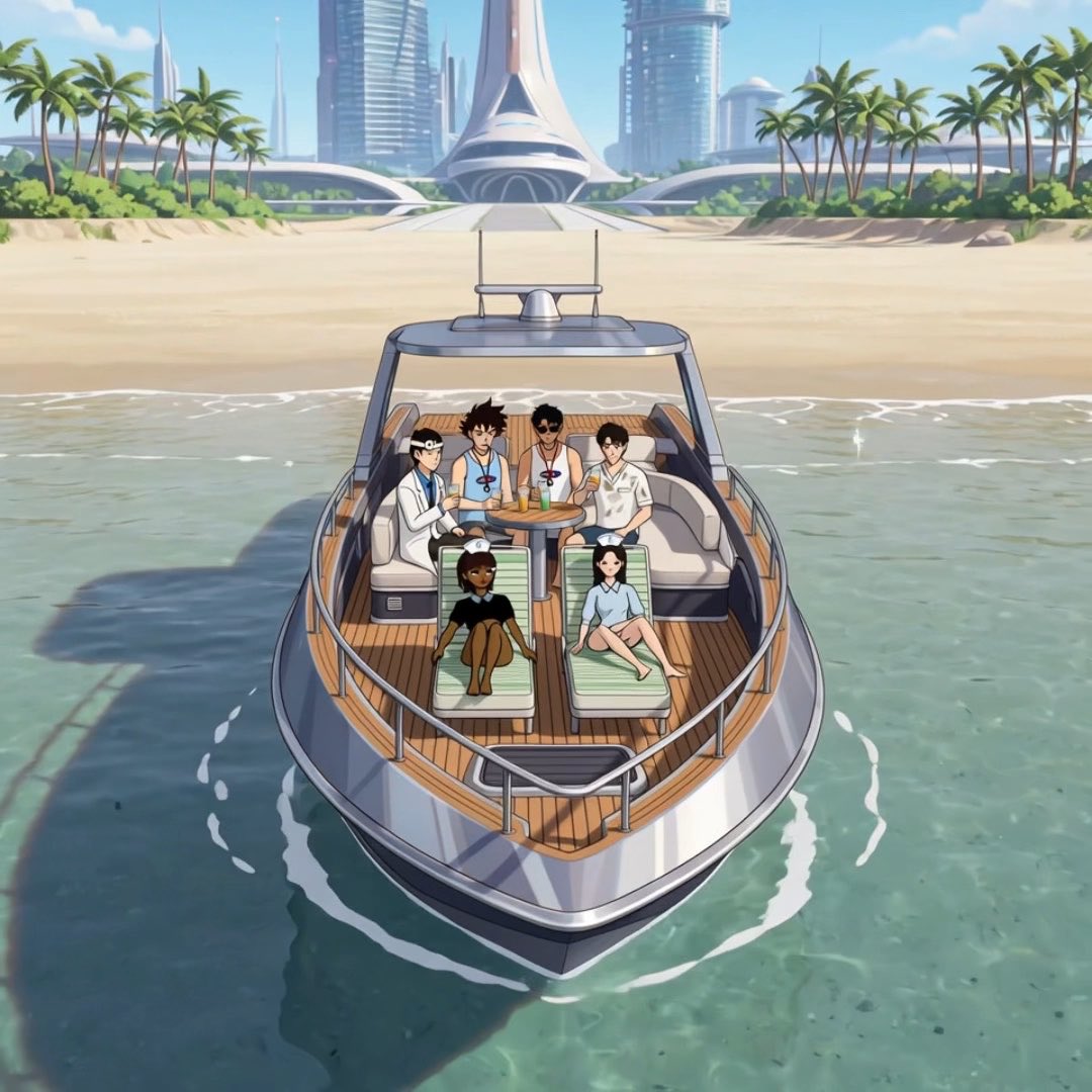 An anime-style illustration of six people relaxing on a boat docked near a beach with a futuristic city in the background.